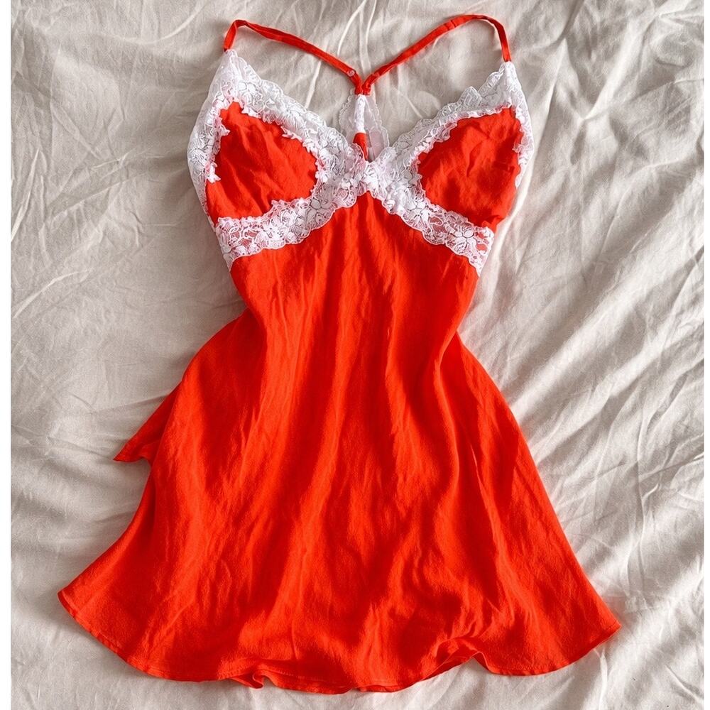 Victoria’s Secret 100% Silk Lace Trim Babydoll Slip Dress Red Orange Y2K Size L